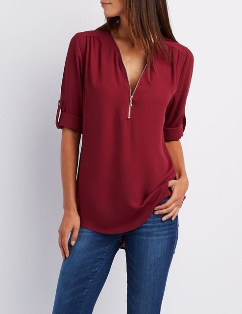 Zipper Short Sleeve Women Shirts Sexy V Neck Solid Womens Tops And Blouses Casual Tee Shirts Tops Female Clothes Plus Size