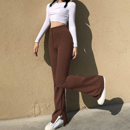 Y2K Vintage Brown Flare Pants High Waist Slim Fit Long Trousers 90s Aesthetics Indie Zip Up Skinny Slit Pants Sexy Women Clothes