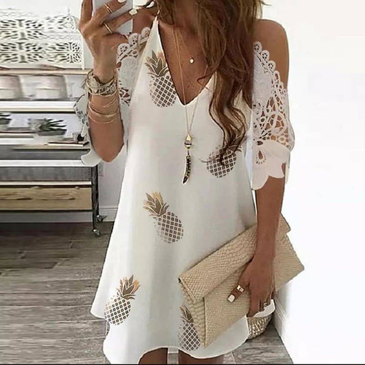 Elegant Off Shoulder Lace Beach Dress 5XL Women Sexy V Neck Floral Print Dress Casual Short Sleeve A-Line Dress Vestidos KZ001