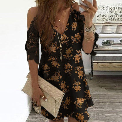 Elegant Off Shoulder Lace Beach Dress 5XL Women Sexy V Neck Floral Print Dress Casual Short Sleeve A-Line Dress Vestidos KZ001