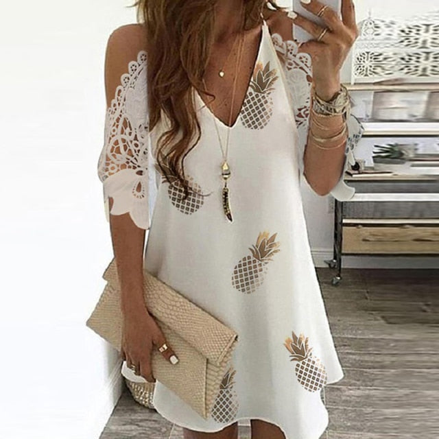 Elegant Off Shoulder Lace Beach Dress 5XL Women Sexy V Neck Floral Print Dress Casual Short Sleeve A-Line Dress Vestidos KZ001