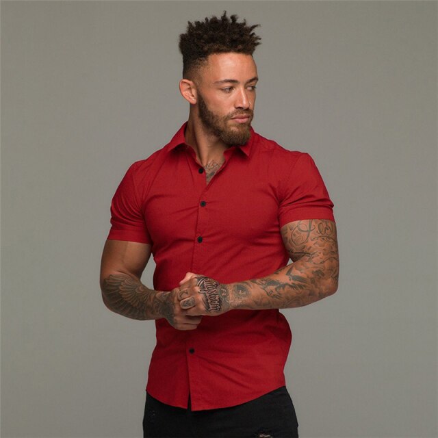 Summer Fashion Short Sleeve Shirt Men Solid Super Slim Fit Male Social Business Dress Shirt Brand Men Gym Fitness Sport Clothing