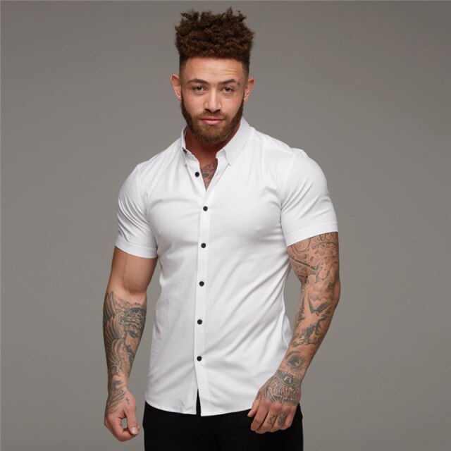 Summer Fashion Short Sleeve Shirt Men Solid Super Slim Fit Male Social Business Dress Shirt Brand Men Gym Fitness Sport Clothing