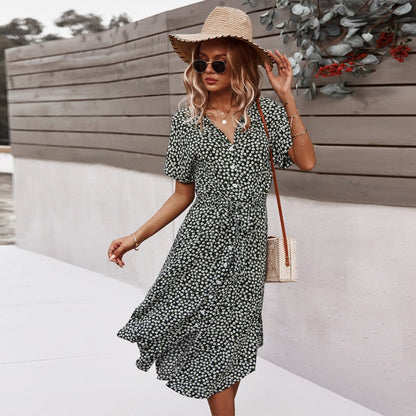 Beach Boho Summer Dress Shirt Floral Vintage High Waist Dresses Women Casual Loose Single-Breasted Midi Slim Elegant Robe