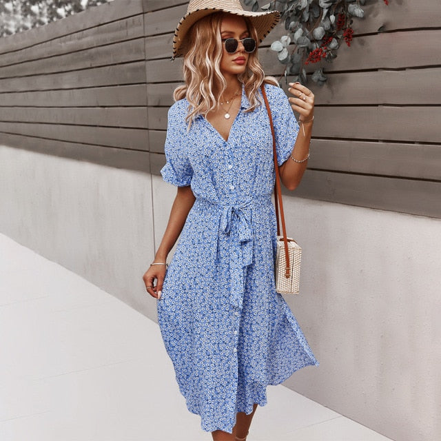 Beach Boho Summer Dress Shirt Floral Vintage High Waist Dresses Women Casual Loose Single-Breasted Midi Slim Elegant Robe