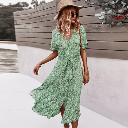 Beach Boho Summer Dress Shirt Floral Vintage High Waist Dresses Women Casual Loose Single-Breasted Midi Slim Elegant Robe