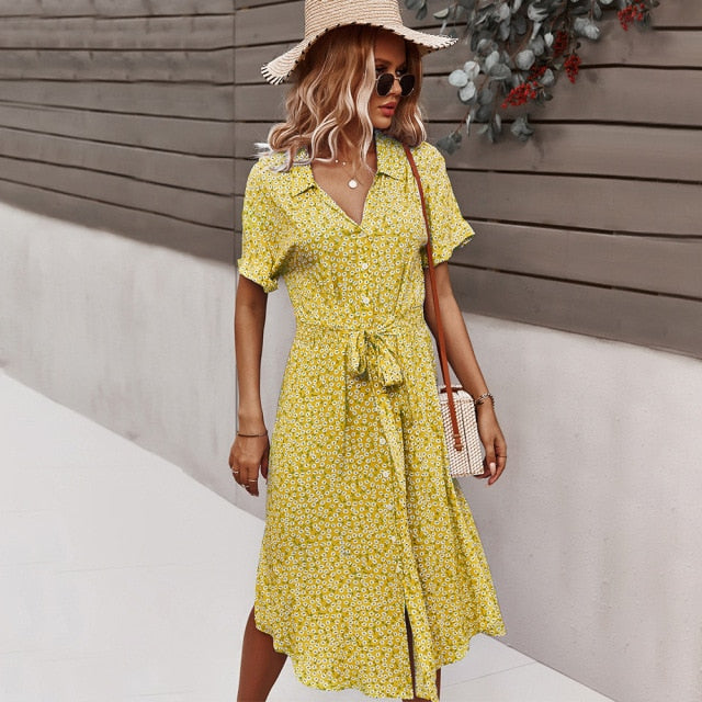 Beach Boho Summer Dress Shirt Floral Vintage High Waist Dresses Women Casual Loose Single-Breasted Midi Slim Elegant Robe