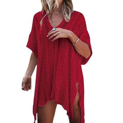 maoxiangshop Backless Sexy Knitted Dress Women Summer Long Sleeve Open Back See Through Beach Cover Mini Dress Femme Clubwear