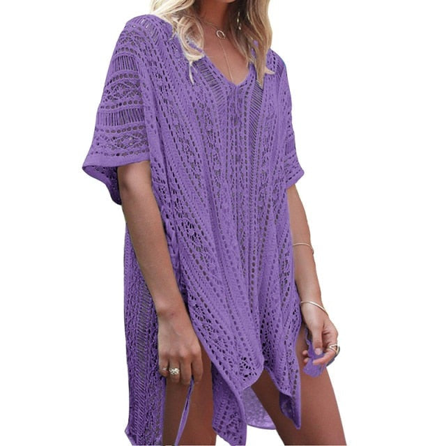 maoxiangshop Backless Sexy Knitted Dress Women Summer Long Sleeve Open Back See Through Beach Cover Mini Dress Femme Clubwear