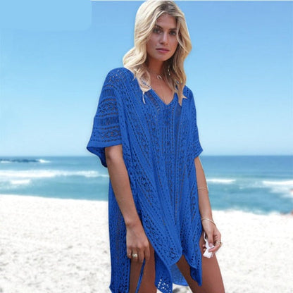 maoxiangshop Backless Sexy Knitted Dress Women Summer Long Sleeve Open Back See Through Beach Cover Mini Dress Femme Clubwear