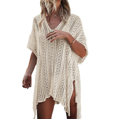 maoxiangshop Backless Sexy Knitted Dress Women Summer Long Sleeve Open Back See Through Beach Cover Mini Dress Femme Clubwear