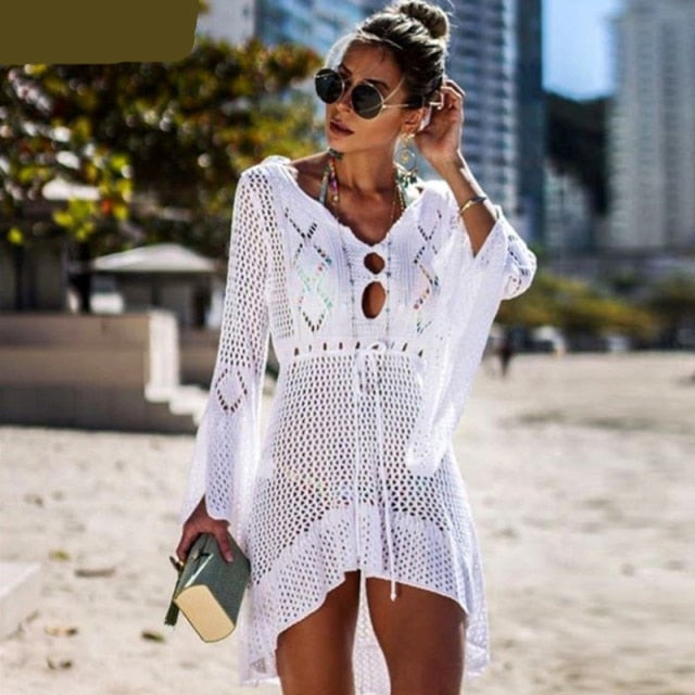 maoxiangshop Backless Sexy Knitted Dress Women Summer Long Sleeve Open Back See Through Beach Cover Mini Dress Femme Clubwear