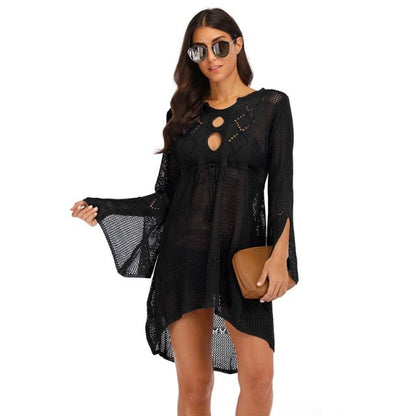 maoxiangshop Backless Sexy Knitted Dress Women Summer Long Sleeve Open Back See Through Beach Cover Mini Dress Femme Clubwear