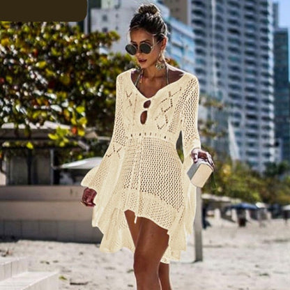 maoxiangshop Backless Sexy Knitted Dress Women Summer Long Sleeve Open Back See Through Beach Cover Mini Dress Femme Clubwear