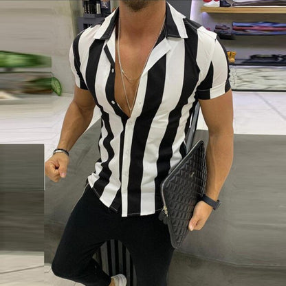 Men's Shirts Summer Striped Short Sleeve Slim Fit Shirts Basic Tops Casual Splicing Colorful Print Mens Plus Size Shirt Blouses