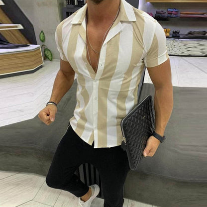 Men's Shirts Summer Striped Short Sleeve Slim Fit Shirts Basic Tops Casual Splicing Colorful Print Mens Plus Size Shirt Blouses
