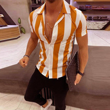 Men's Shirts Summer Striped Short Sleeve Slim Fit Shirts Basic Tops Casual Splicing Colorful Print Mens Plus Size Shirt Blouses