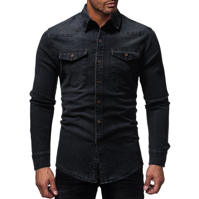 TANG Black Denim Shirt Men Casual Fit Slim Long Sleeve Shirts Autumn Cotton Jeans Dress Shirt Mens Clothing Plue Size