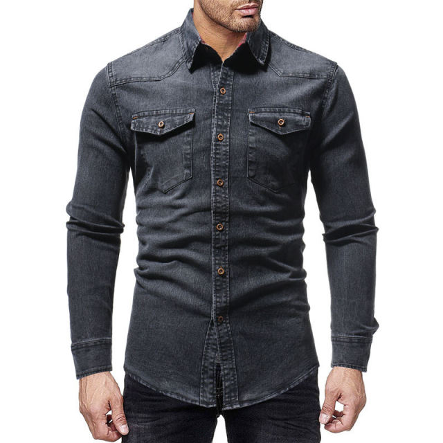 TANG Black Denim Shirt Men Casual Fit Slim Long Sleeve Shirts Autumn Cotton Jeans Dress Shirt Mens Clothing Plue Size