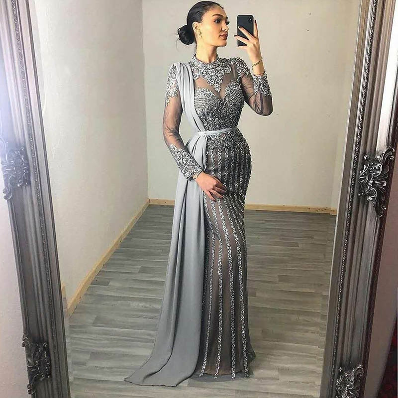 Couture Collection Gray Muslim Rhinestones Evening Dresses High Neck Dubai Long Sleeve Mermaid Gown For Women Party