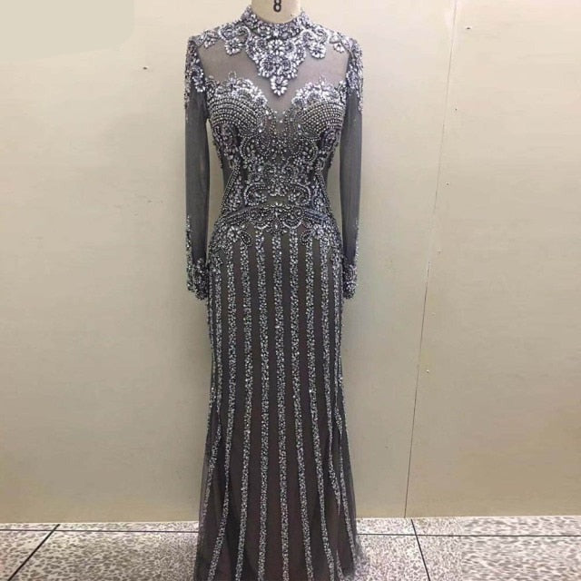 Couture Collection Gray Muslim Rhinestones Evening Dresses High Neck Dubai Long Sleeve Mermaid Gown For Women Party