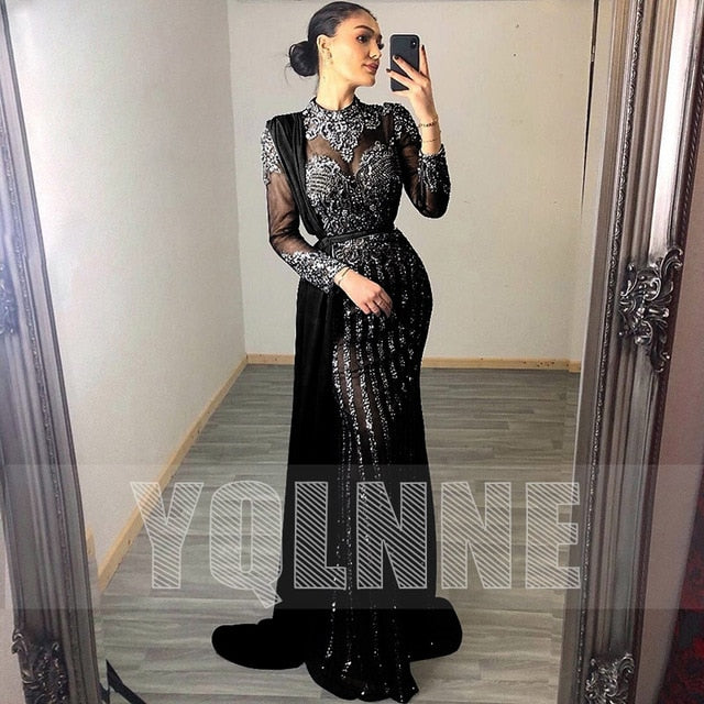 Couture Collection Gray Muslim Rhinestones Evening Dresses High Neck Dubai Long Sleeve Mermaid Gown For Women Party