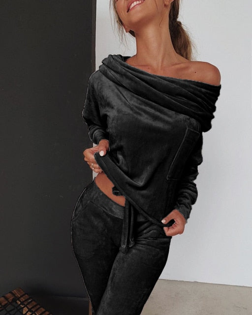 Sweatshirt Women 2 pieces Set Tracksuit Autumn One shoulder Sweatshirt Pants Sets Sport Wear Tracksuit Velvet Lounge Suit