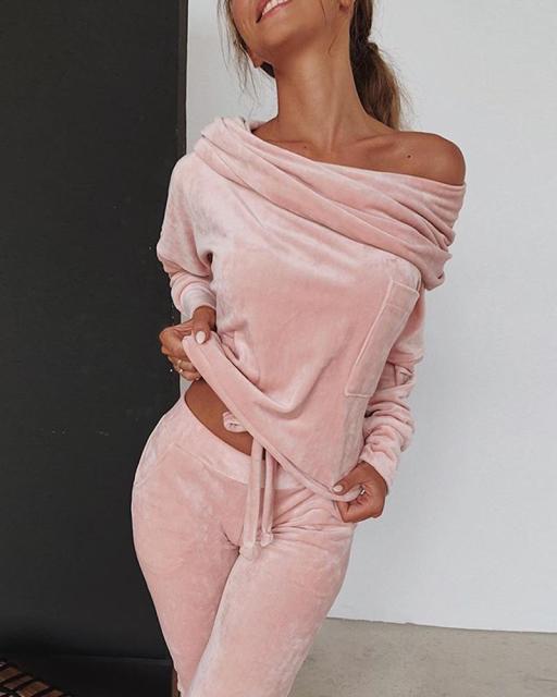 Sweatshirt Women 2 pieces Set Tracksuit Autumn One shoulder Sweatshirt Pants Sets Sport Wear Tracksuit Velvet Lounge Suit