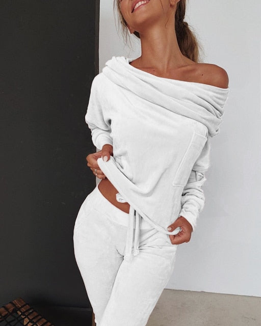 Sweatshirt Women 2 pieces Set Tracksuit Autumn One shoulder Sweatshirt Pants Sets Sport Wear Tracksuit Velvet Lounge Suit