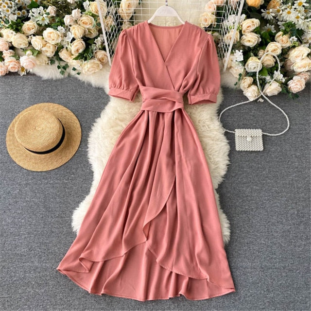 Women Summer Midi French Dress Sweet V-Neck Puff Sleeve High Waist Elegant Woman Dresses Female Clothing New Year Atopos