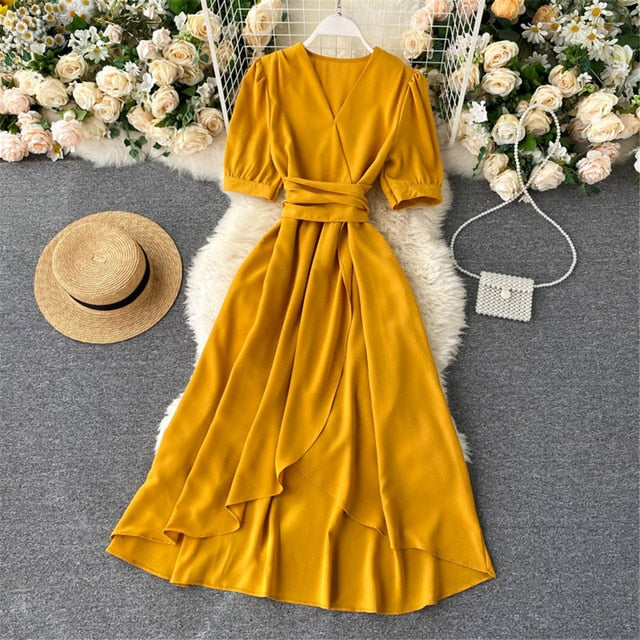 Women Summer Midi French Dress Sweet V-Neck Puff Sleeve High Waist Elegant Woman Dresses Female Clothing New Year Atopos