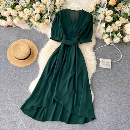 Women Summer Midi French Dress Sweet V-Neck Puff Sleeve High Waist Elegant Woman Dresses Female Clothing New Year Atopos