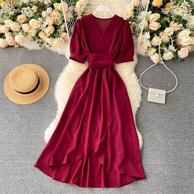 Women Summer Midi French Dress Sweet V-Neck Puff Sleeve High Waist Elegant Woman Dresses Female Clothing New Year Atopos