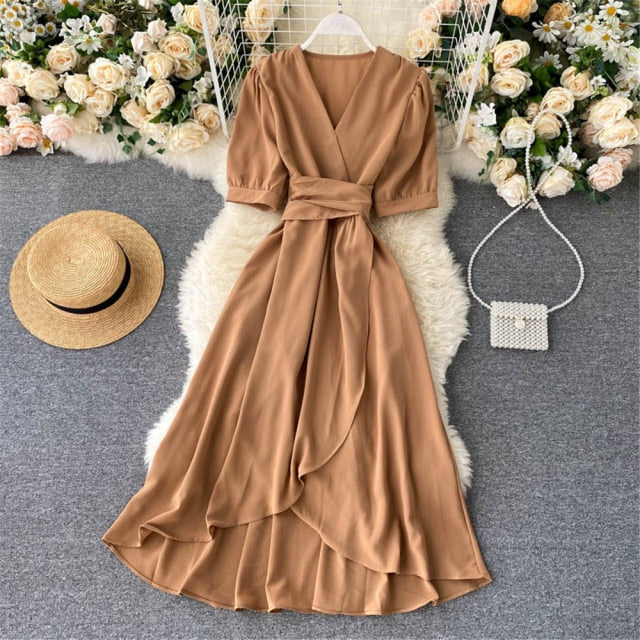 Women Summer Midi French Dress Sweet V-Neck Puff Sleeve High Waist Elegant Woman Dresses Female Clothing New Year Atopos