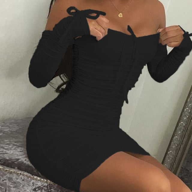 maoxiangshop Spring Summer Fashion Solid Party Sexy Slim Dresses Women Elegant Long Sleeve Ruched Club Dress Mini Tight Strapless