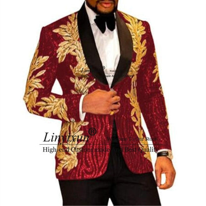 maoxiangshop Slim Fit terno masculino Shiny Sequins Gold Applique Suits Men Prom Tuxedos Grooms Set 2 Pieces(Blazer+Pants) Costume Homme