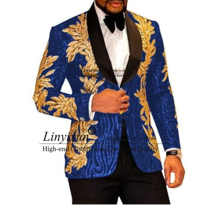 maoxiangshop Slim Fit terno masculino Shiny Sequins Gold Applique Suits Men Prom Tuxedos Grooms Set 2 Pieces(Blazer+Pants) Costume Homme
