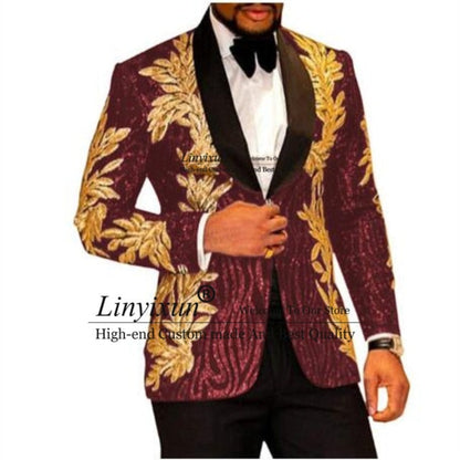 maoxiangshop Slim Fit terno masculino Shiny Sequins Gold Applique Suits Men Prom Tuxedos Grooms Set 2 Pieces(Blazer+Pants) Costume Homme