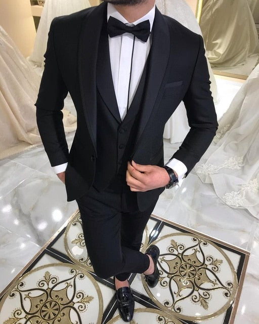 Blue Slit Mens Suits 3 Piece Black Shawl Lapel Casual Tuxedos for Wedding Groomsmen Suits Men (Blazer+Vest+Pant)