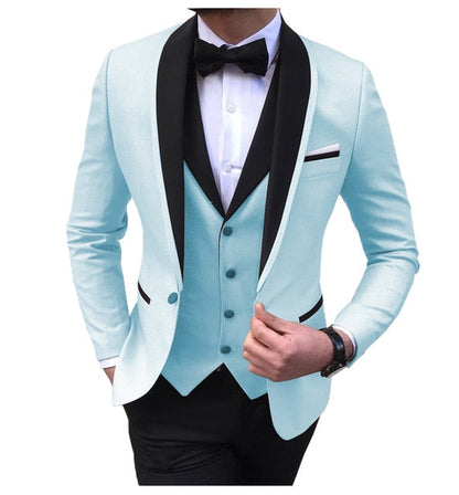 Blue Slit Mens Suits 3 Piece Black Shawl Lapel Casual Tuxedos for Wedding Groomsmen Suits Men (Blazer+Vest+Pant)