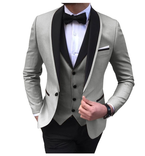 Blue Slit Mens Suits 3 Piece Black Shawl Lapel Casual Tuxedos for Wedding Groomsmen Suits Men (Blazer+Vest+Pant)