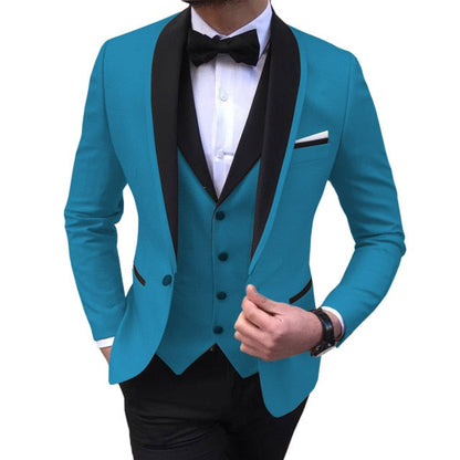 Blue Slit Mens Suits 3 Piece Black Shawl Lapel Casual Tuxedos for Wedding Groomsmen Suits Men (Blazer+Vest+Pant)