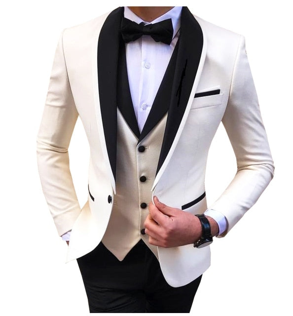 Blue Slit Mens Suits 3 Piece Black Shawl Lapel Casual Tuxedos for Wedding Groomsmen Suits Men (Blazer+Vest+Pant)