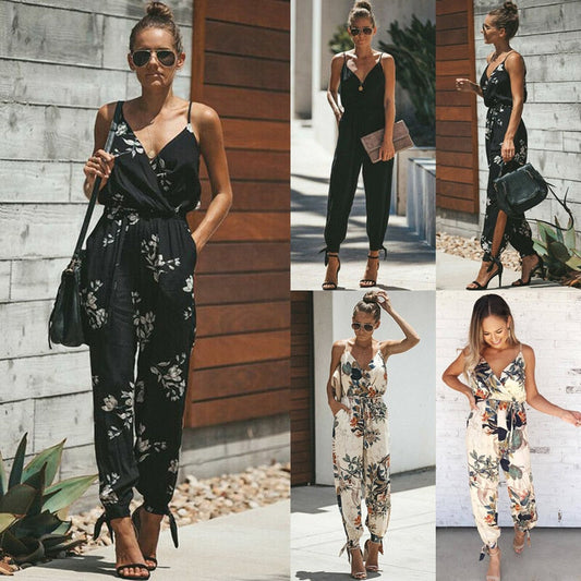 Women Jumpsuit Floral Print Baggy Trousers Overalls Print Romper Off-the-Shoulder V-Neck Bodycon Skinny Clubwear Leotard