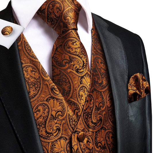 Hi-Tie 100% Silk Men's Waistcoat for Men Suit Vintage Fashion Formal Brown Paisley Dress Vests Men Wedding Party formal Dresses