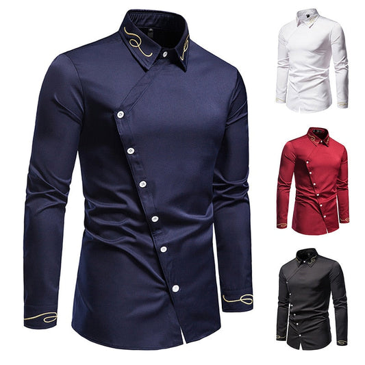 New Hollow European Size Men's Trend Embroidered Asymmetric Long-sleeved Shirt Western Denim Shirt Slim Fit Social Dress