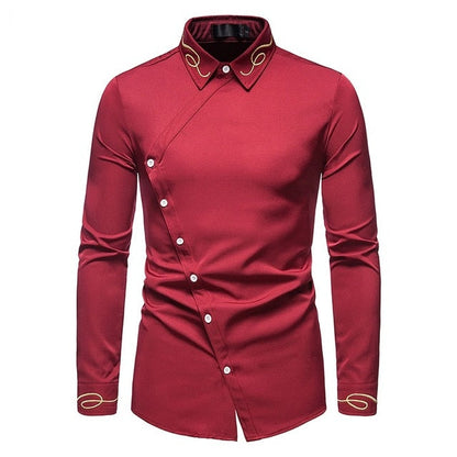 New Hollow European Size Men's Trend Embroidered Asymmetric Long-sleeved Shirt Western Denim Shirt Slim Fit Social Dress