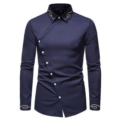 New Hollow European Size Men's Trend Embroidered Asymmetric Long-sleeved Shirt Western Denim Shirt Slim Fit Social Dress