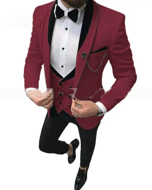 maoxiangshop  Men's Suit Fashion Formal Business Slim Fit 3-Pieces White Blazers Burgundy Pant Men's Tuxedo Wedding Men Suits Groom Suit