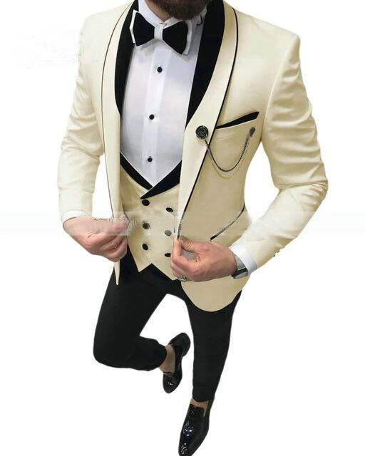 maoxiangshop  Men's Suit Fashion Formal Business Slim Fit 3-Pieces White Blazers Burgundy Pant Men's Tuxedo Wedding Men Suits Groom Suit